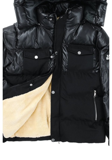 Erkek Çocuk Önü Çift Kapak Cepli Kapüşonu Çıkabilen İçi Peluş Astarlı Siyah Renk Mont Siyah