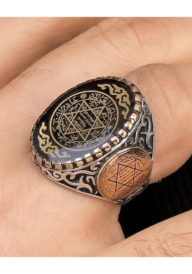 Süleyman Mührü Mineli Gümüş Erkek Yüzüğü