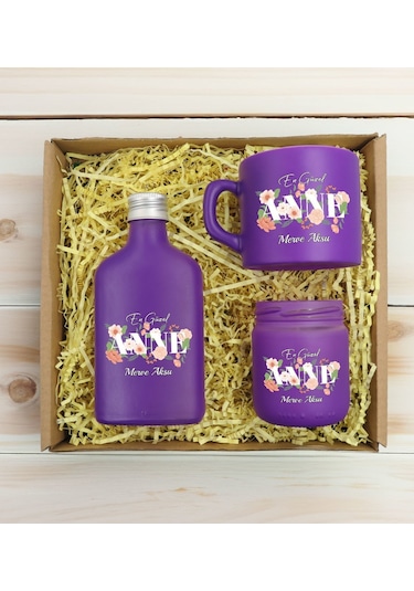 Bk Gift Kişiye Özel İsimli Dtf Anne Temalı Mor Kahve Fincanı & Kolonya & Mum Hediye Seti-4, Anneye Hediye, Anneler Günü Hediyesi Kobitmeyencom30972 Bk