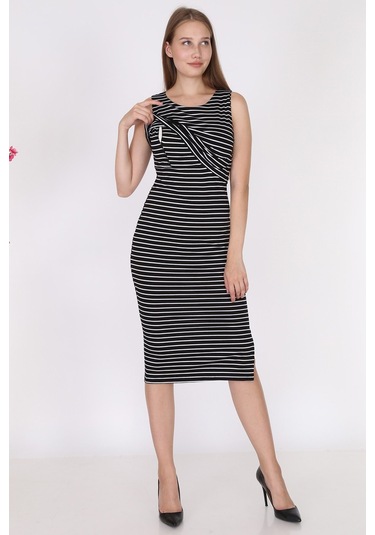 Luvmabelly 5550 - Siyah Çizgili Kolsuz Yırtmaçlı Emzirme Elbise-siyah