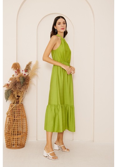 Yeşil Halter Yaka Kolsuz Elbise Dm1035