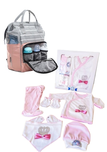Bebek Bakım Çantası Ve 5 Parça Taşlı Hastane Çıkışı İkili Set Pembe