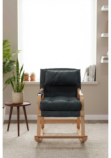 Reyo Paşa Ahşap Sallanan Sandalye, Çıkartılabilir Kılıflı Minderli, Boyun Yastıklı Dinlenme Koltuğu Emzirme Koltuğu Füme Füme