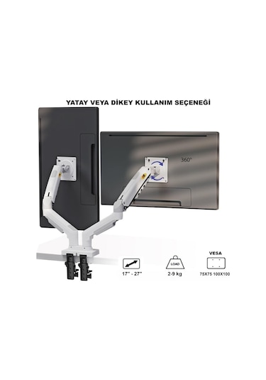 Triline Nb F160 Beyaz 17-27" Çift Kol Monitör Tutucu 2-9 Kg Amostisörlü Vesa Monitör Standı