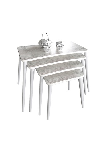 Selen 4lü Zigon Sehpa Ahşap Beyaz Ayaklı Salon Seti Çay Sehpası Kristal