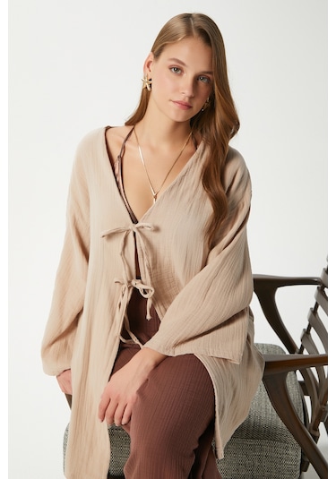 Ritnice Kadın Sandra %100 Pamuk Müslin Bağcıklı Bej Kimono Bej