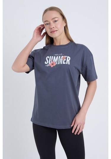Velvoria Unisex Oversize Relaxed Summer Baskılı Antrasit Renk T-shırt