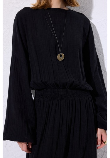 Müslin Beli Büzgülü Elbise Siyah Siyah