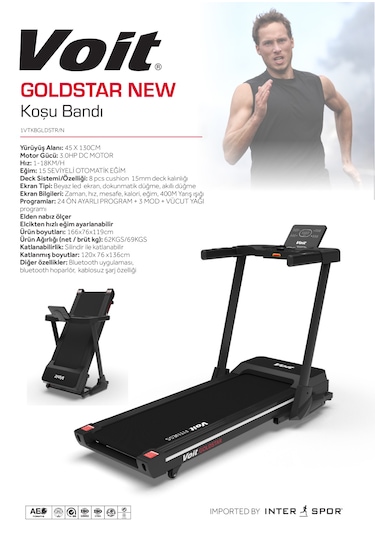 Voit Goldstar New Koşu Bandı, Otomatik Eğimli, 3 Hp/dc Motorlu, Katlanabilir, Bluetooth App, 18km Hız, Programlı