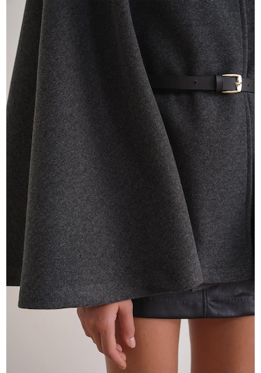 4768 Kadın Kemerli Panço Premium Kaşe Ceket Antrasit Antrasit