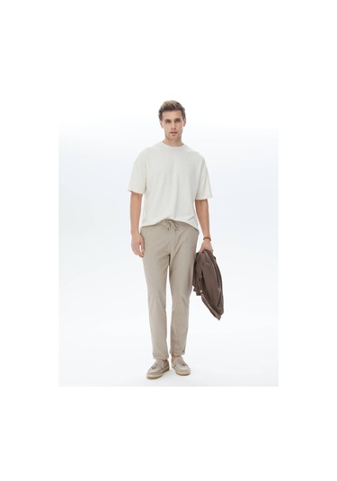 Kip Bej Jakarlı Bisiklet Yaka Keten Karışımlı T-shirt Çok Renkli