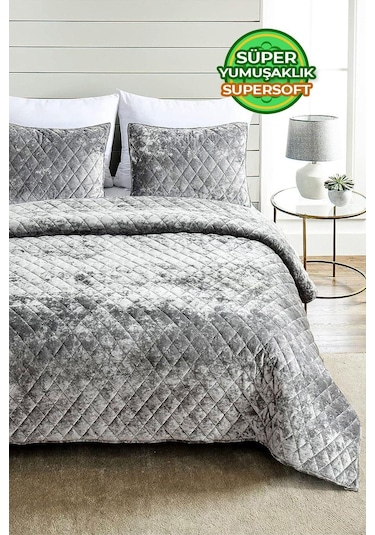 Evlen Home Kapitone Kadife Yatak Örtüsü Seti Çift Kişilik Supersoft 3 Parça Yumuşak Elyaf Dolgulu Gri Gri