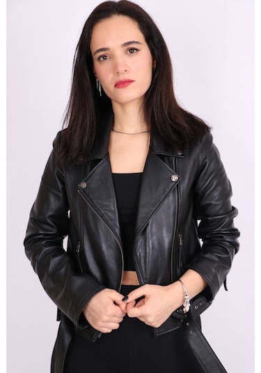 Siyah Hakiki Deri Yakalı Kemer Detaylı Spor Kısa Mont