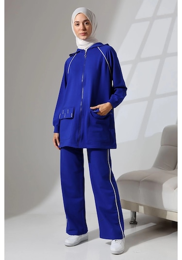 Kadın Saks Mavisi Mevsimlik Penye Alt Üst Spor Ve Rahat Ikili Tunik Pantolon Şık Tesettür Takım Saks Mavisi