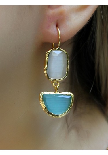 İkili Model Kedigözü Cam Sallantılı Kadın Küpe Euku26m Mavi