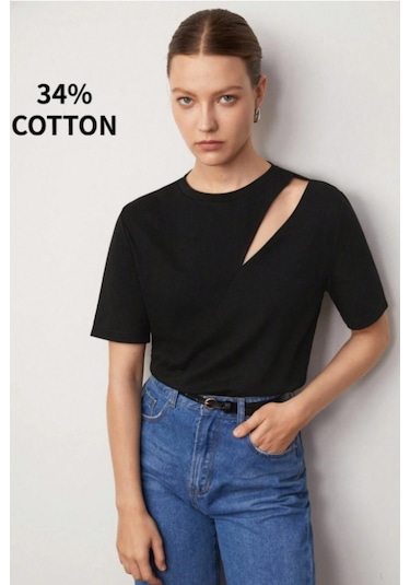 Cool Tarz Omuz Dekolteli Basic Kadın Tişört Modern Kesim Günlük Bluz Siyah