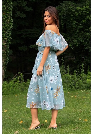 Neşeli Butik Kadın Mint Yeşili Kuşaklı Çiçekli Yazlık Şifon Elbise Nb100371 Mint