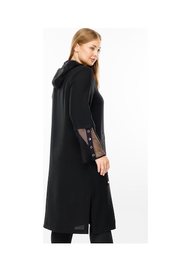 Moda İlgi Kadın Büyük Beden Fileli Ve Taş Detaylı Kapüşonlu Kap 7020 Siyah Siyah