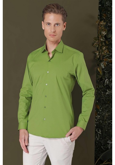 Gk 709 Slim Fit Yeşil Klasik Gömlek Yeşil