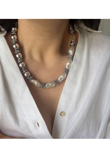 Taşlı İncili Mix Kolye Silver