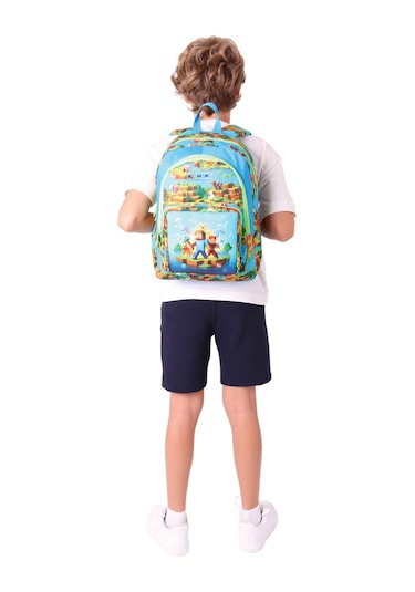 Kaukko Kids Üç Bölmeli Mavi Yeşil - Craft Baskılı Erkek Çocuk Okul Ve Günlük Sırt Çantası - L5280 Mavi - Yeşil