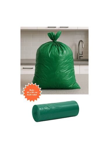 Yeşil Rulo Çöp Poşeti 40x89 Cm 3x20 Adet Ev Mutfak İş Ofis Avantajlı Paket