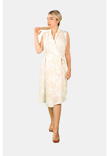 Kuşaklı Çiçek Desenli Bej Elbise Bej
