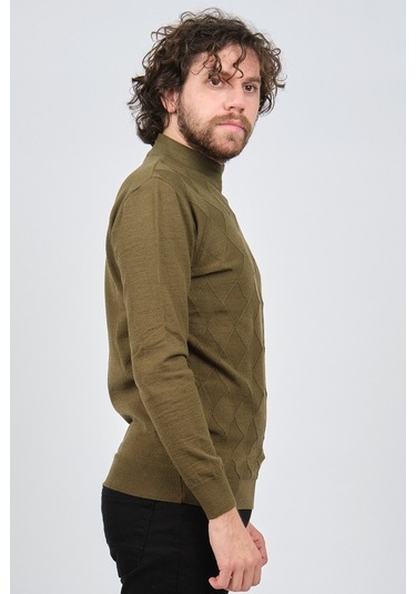 Çizgi Triko Erkek Yarım Balıkçı Baklava Desenli Kazak 42564257 Ha Haki