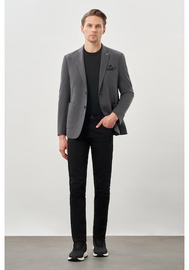 Siyah Kazayağı Desen Örme Mono Yaka 2 Düğme 6 Drop Slim Fit Classic Ceket 1002245166 001 Siyah