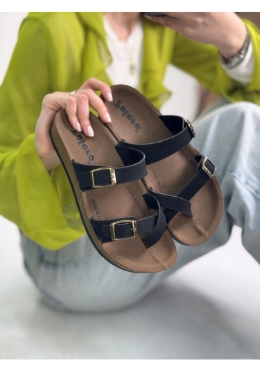 Tek Parmak Arası Kadın Terlik Rahat Ortopedik Mantar Taban Ayarlanabilir Metal Tokalı 34147 Siyah