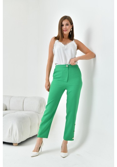 Ftz Women Kadın Dar Paça Düğmeli Pantolon Benetton 30779-Benetton Yeşil