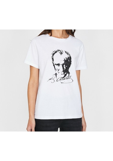 Atatürk Baskılı Beyaz - Siyah Tişört Atatürk Tişörtü Beyaz