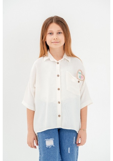 Kız Çocuk Cep Detaylı Gömlek 3120 Ekru