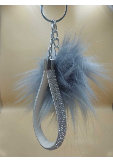 Gümüş Taşlı Tilki Tüyü Gri Angel Anahtarlık