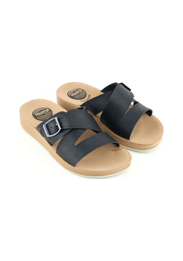 Gezer Kadın Yazlık Alt Taban Pu Suni Deri Tek Toka Ayarlanabilir Rahat Masaj Taban Günlük Terlik Siyah