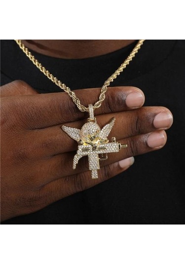 Hip Hop Buzlu Out Kübik Zirkonya Taş Bakır Guardian Melek Kolye Kolye Erkekler Kadınlar Ile 4mm Tenis Zincir Charm Takı Hediye Kolye Kolye Altın - Gümüş