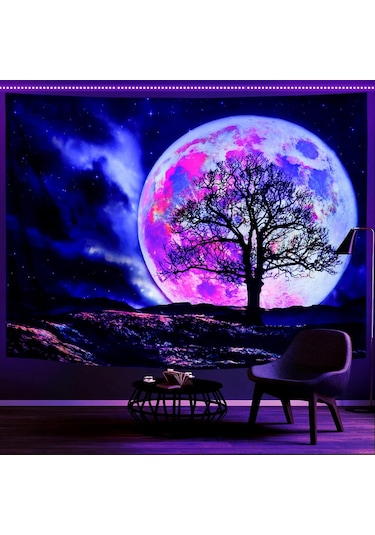 Blacklight Ay Goblen Uv Reaktif Galaxy Uzay Goblen Trippy Dağ Ağacı Goblen Yıldızlı Gece Gökyüzü Goblen Duvar Asılı