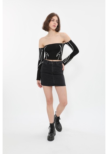 Kadın Likralı Antrasit Mini Jean Etek Antrasit