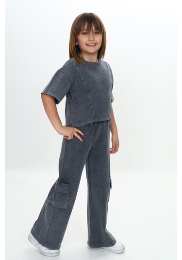 Toontoy Kız Çocuk Yıkamalı Crop Eşofman Takım Füme Melanj