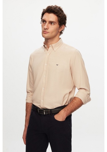 Ds Damat Slim Fit Ekru Oxford Düğmeli Yaka Kolay Ütülenebilir Nakış Detaylı Pamuklu Gömlek 4HC02ORT03265 Ekru