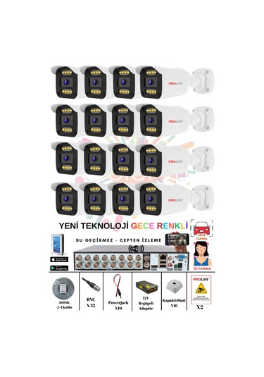 16 Kameralı Gece Renkli 8 Adet Warm Ledli Yeni Nesil 5 Mp Kuruluma Hazır Güvenlik Kamerası Seti