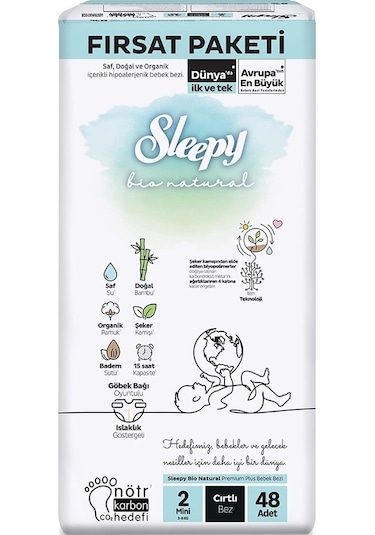 Sleepy Bebek Bezi Bio Natural Beden:2 3-6kg Mini 96 Adet 2 Numara 2'li