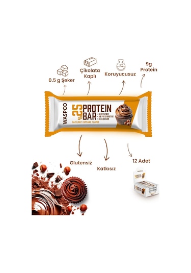 Waspco Bitter Çikolata Kaplı Fındıklı Cupcake Aromalı Protein Bar 36G x 12 Adet