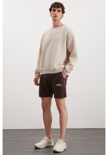 GRIMELANGE Ernest Erkek Organik Pamuklu Yumuşacık Baskı Detaylı Bisiklet Yaka İçi Polarlı Vizon Sweat Vizon