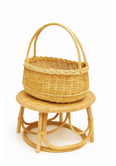 Doğal El Örgüsü Hasır Sepet Bohem Dekoratif Saklama Örgülü Bej - Sarı