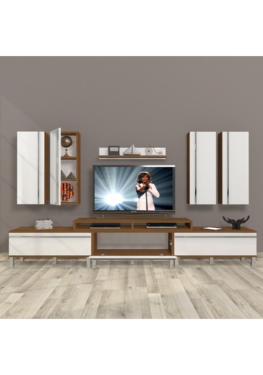 Decoraktiv Ekoflex 8d Mdf Krom Ayaklı Tv Ünitesi Tv Sehpası Ceviz - Beyaz