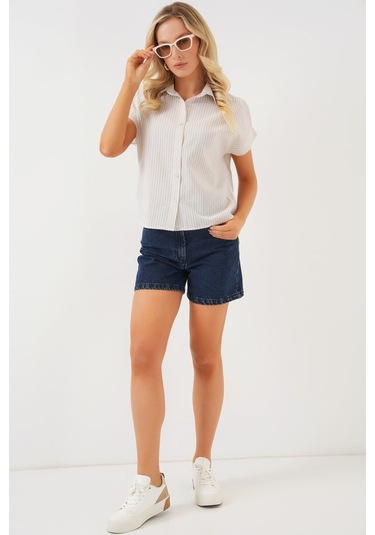 Gülsüm Aydın Çizgili Kısa Kol Gömlek 20324 - Krem Krem