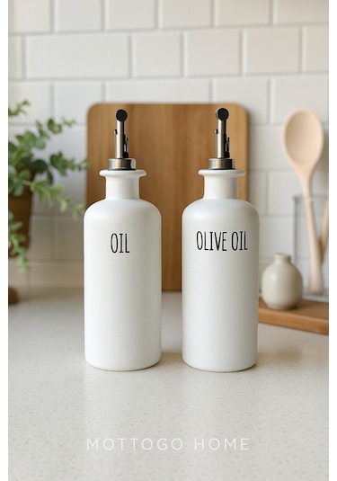 Morponi 2'li Beyaz Gümüş Başlıklı Cam Yağdanlık Seti Oil-olive Oil-vinegar-sauce 500 Ml Beyaz