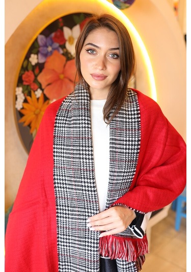 Çift Taraflı Kazayağı Desenli Atkı Omuz Şalı 70x185 CM 1212 Kırmızı