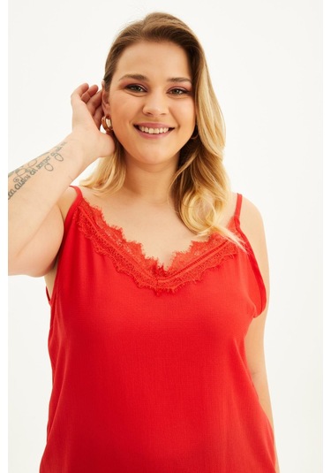 Dantelli İp Askılı Bluz-1672 Kırmızı